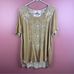 Johnny Was champagne velvet embroidered silk rayon blend short sleeve blouse